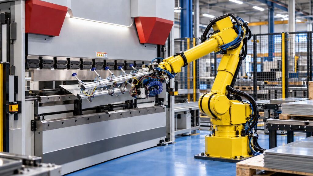 Robot articulado con pinza de ventosas posiciona una chapa frente al utillaje de una plegadora en una célula de plegado.